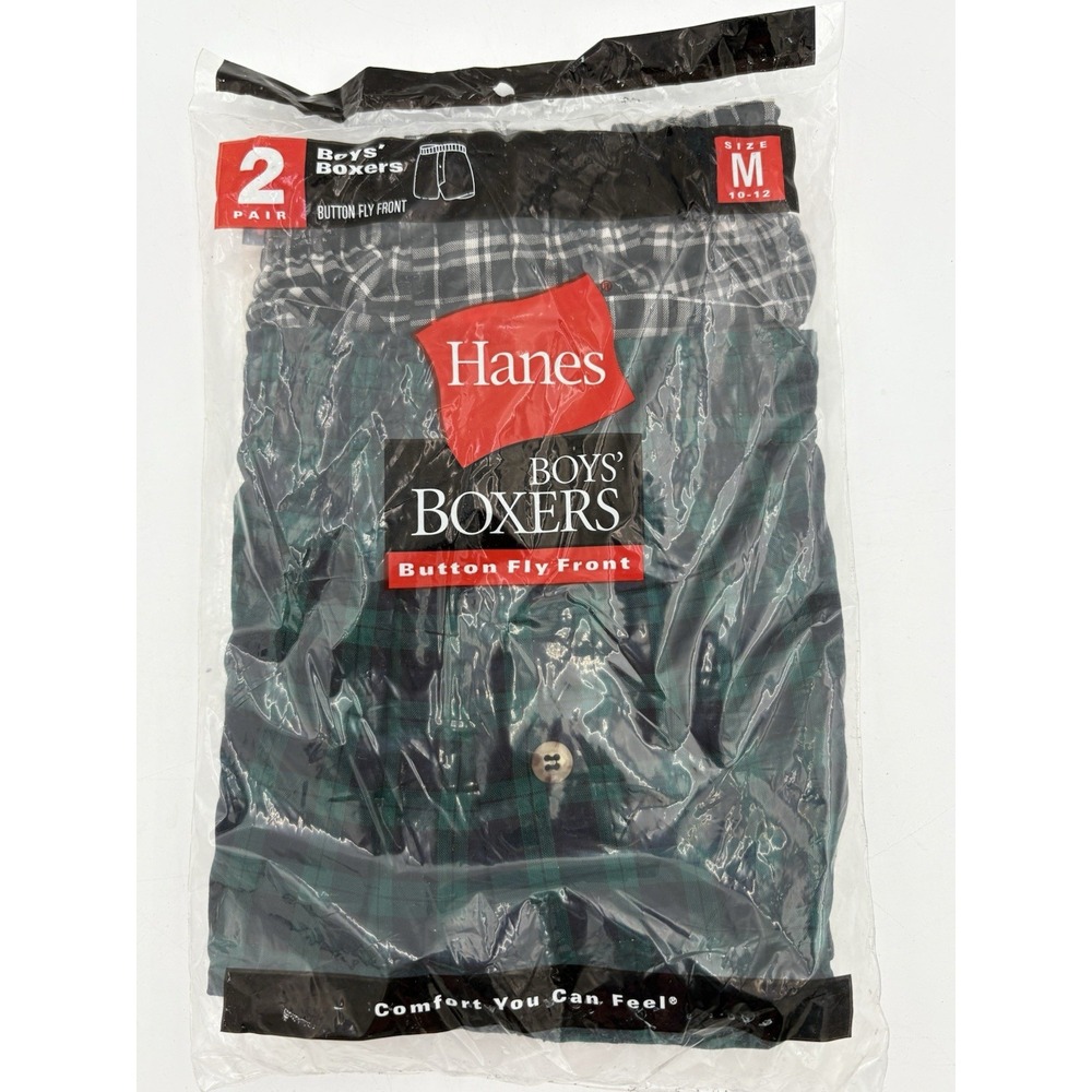 VTG 2002 Hanes Boys Boxers M 10-12 Green & Gray‎ Plaid 2 Pack Sealed NOS